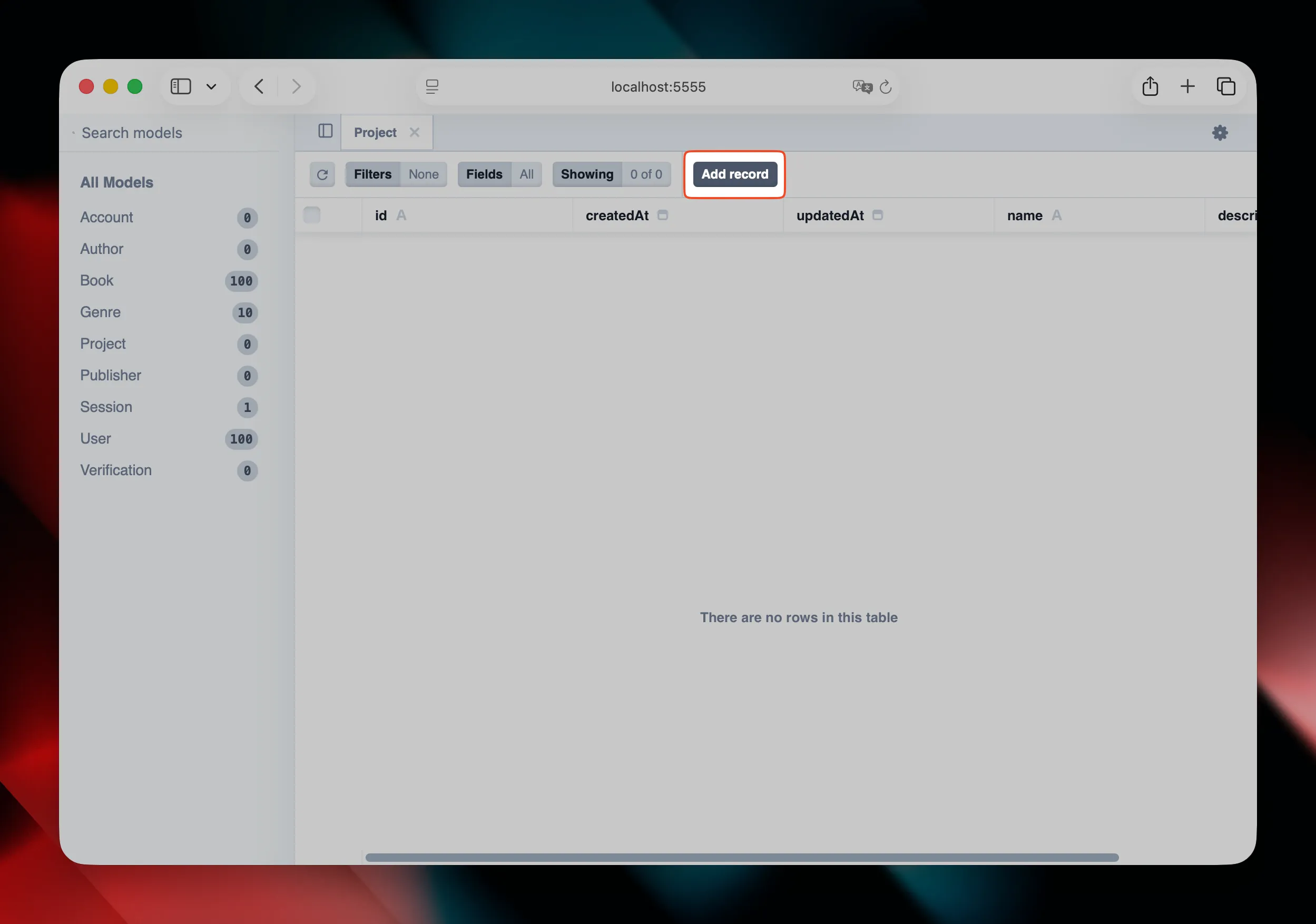 Prisma UI, select Add Record